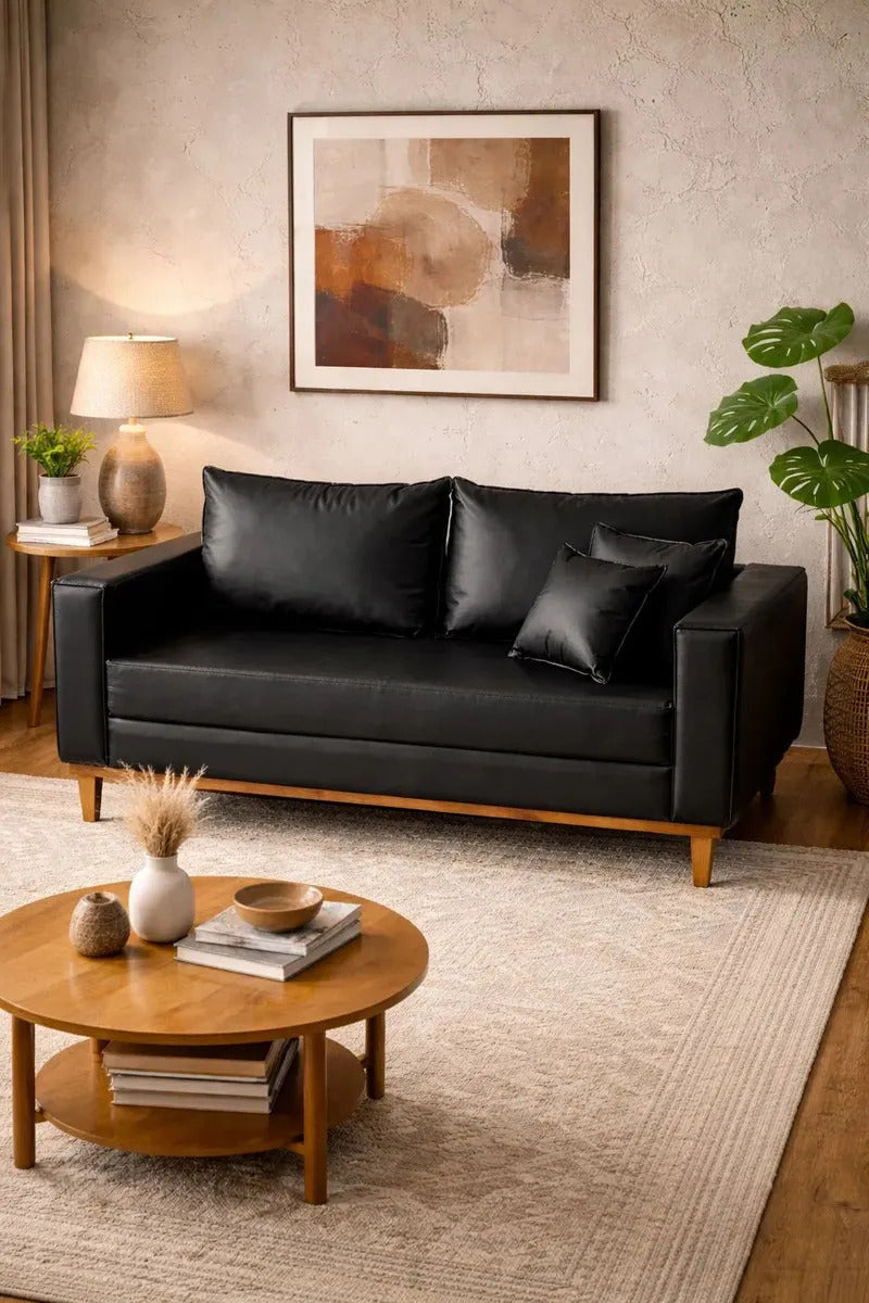 Sofá 3 Lugares 180cm Corino Preto Premium Base Madeira Estofado Moderno Conforto Sala Casa Megalarstore