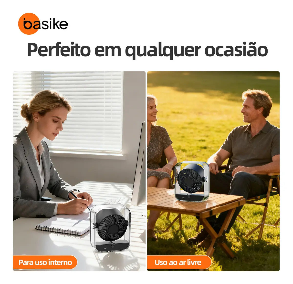 Mini Ventilador Portátil Basike de Mesa Recarregável Com Base e LED, Preto