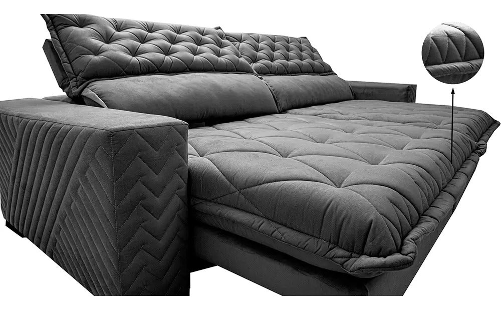 Sofá Retrátil e Reclinável 3,15m Molas Ensacadas Cama inBox Spazus com Bordado 3D Velusoft Cinza