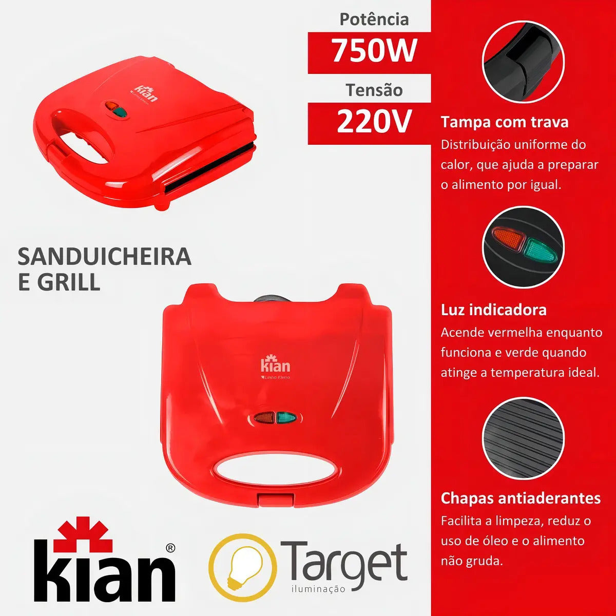 Sanduicheira E Grill 2 Em 1 Cor Vermelho Kian