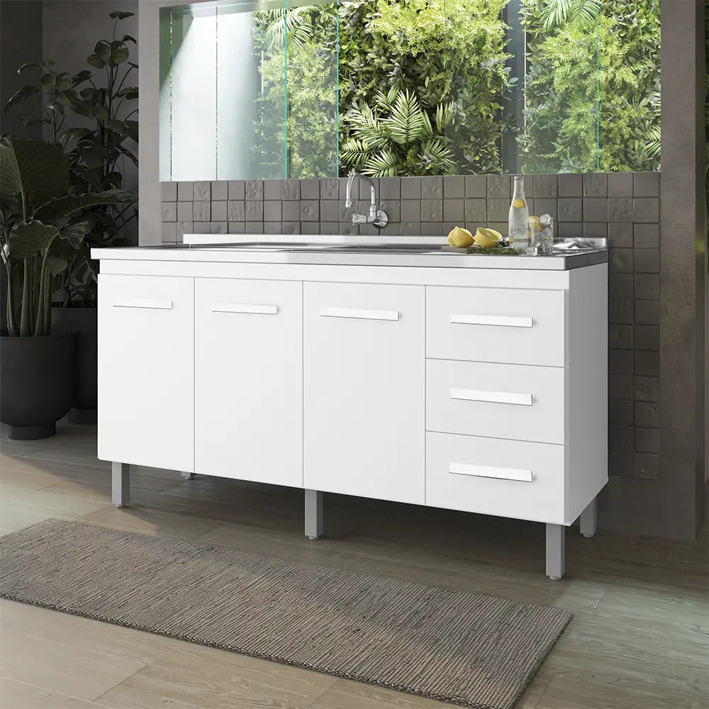 Balcão Cozinha Branco Sem Tampo 150 3 Portas 3 Gavetas