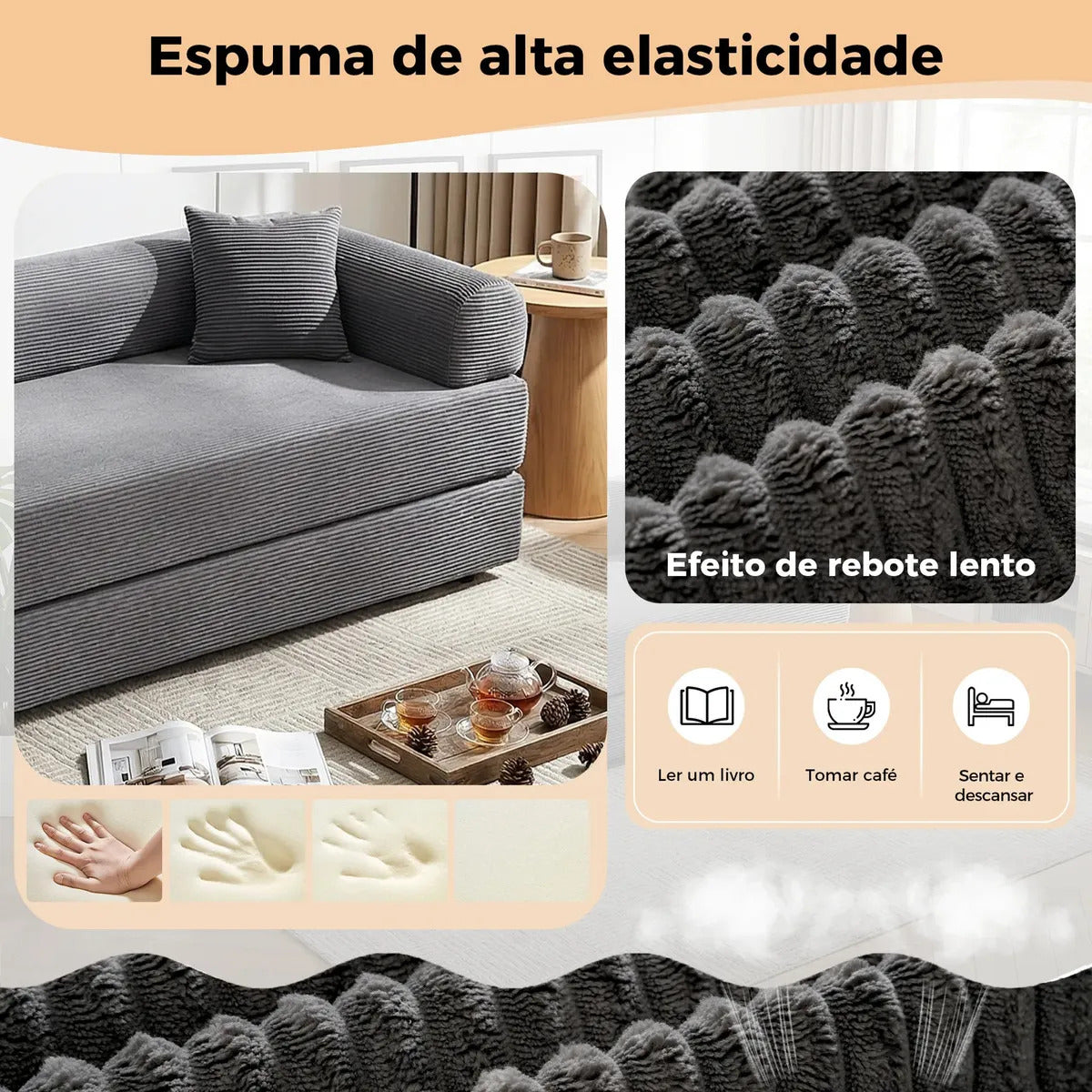 Sofá Cama Modular de Veludo Cotelê Cinza p/ 3 Pessoas, Com Espuma de Alta Densidade e Capa Removível