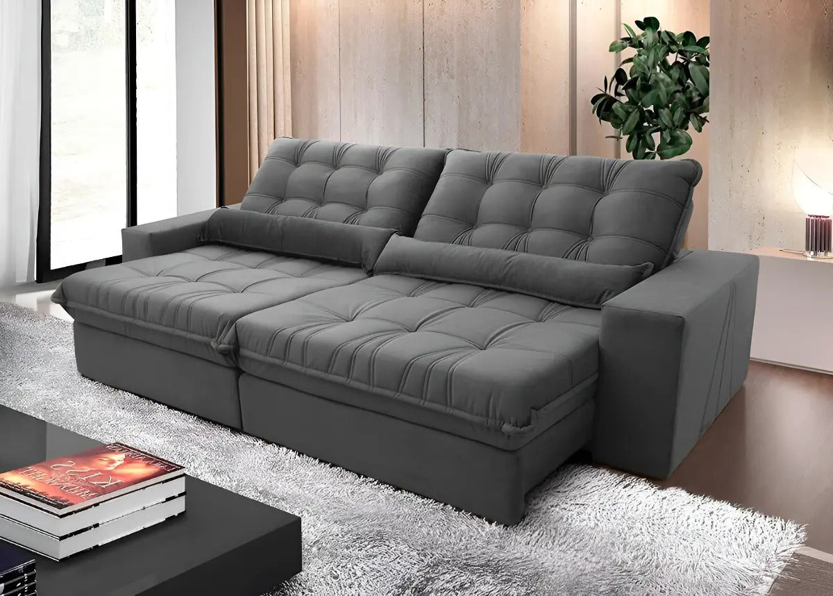 Sofá Retrátil Reclinável Zurique 2,50m Suede Velut Cinza Molas no Assento - King House