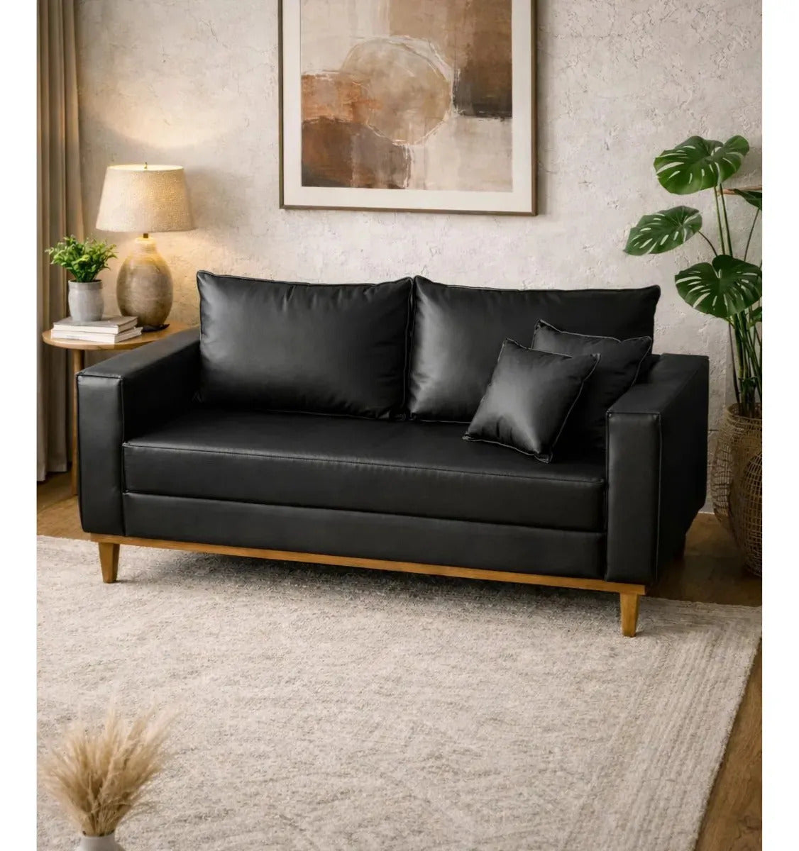 Sofá 3 Lugares 180cm Corino Preto Premium Base Madeira Estofado Moderno Conforto Sala Casa Megalarstore