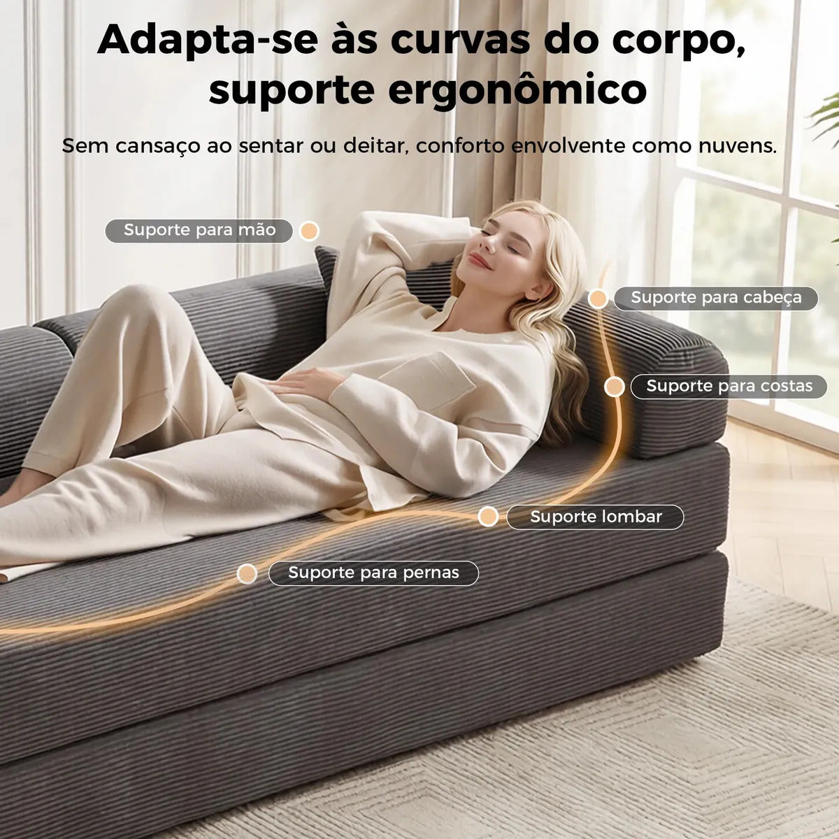 Sofá Cama Modular de Veludo Cotelê Cinza p/ 3 Pessoas, Com Espuma de Alta Densidade e Capa Removível