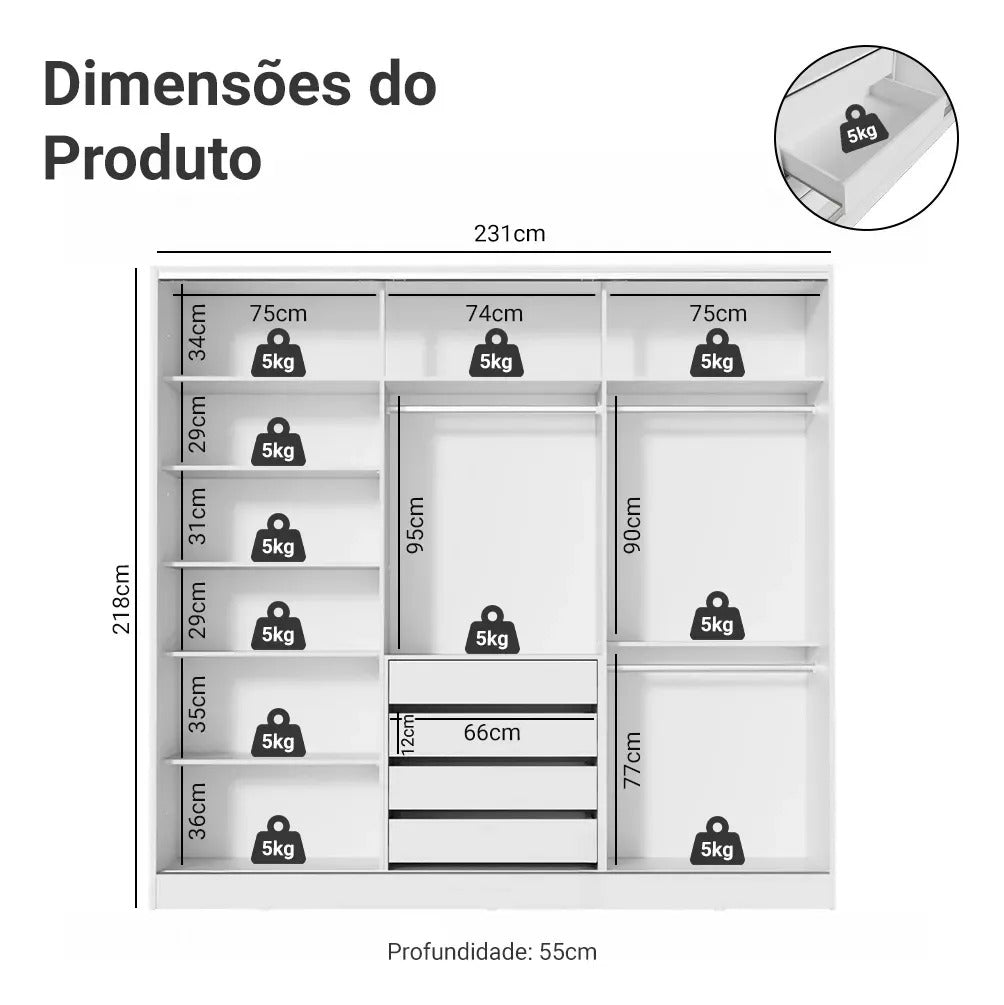 Guarda Roupa Casal Armário Quarto 100% Mdf C Espelho Madesa Royale 3 Portas Cor Branco 106209