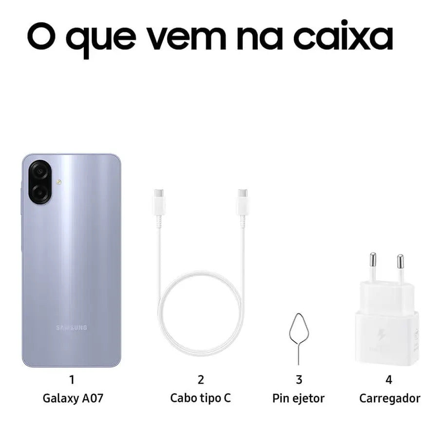 Celular Galaxy A07 256gb, 8gb, Câmera 50mp, Tela 6.7 , Proteção Ip54, Processador 6nm - Violeta