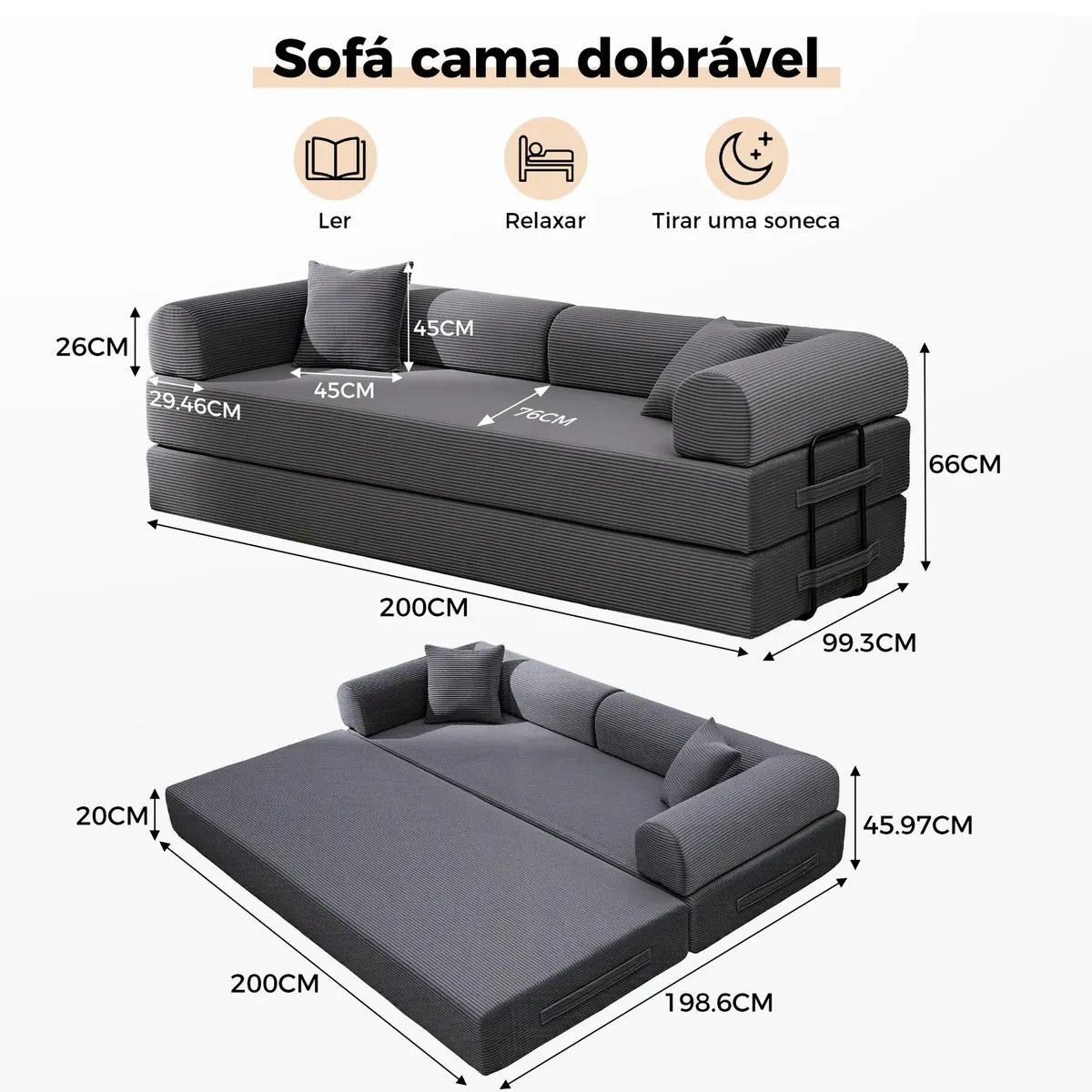 Sofá Cama Modular de Veludo Cotelê Cinza p/ 3 Pessoas, Com Espuma de Alta Densidade e Capa Removível
