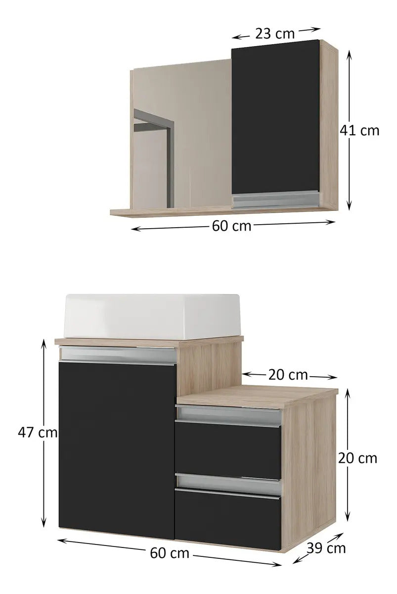 Conjunto Gabinete Banheiro Cross 60cm Na Cor: Madeirado / Preto