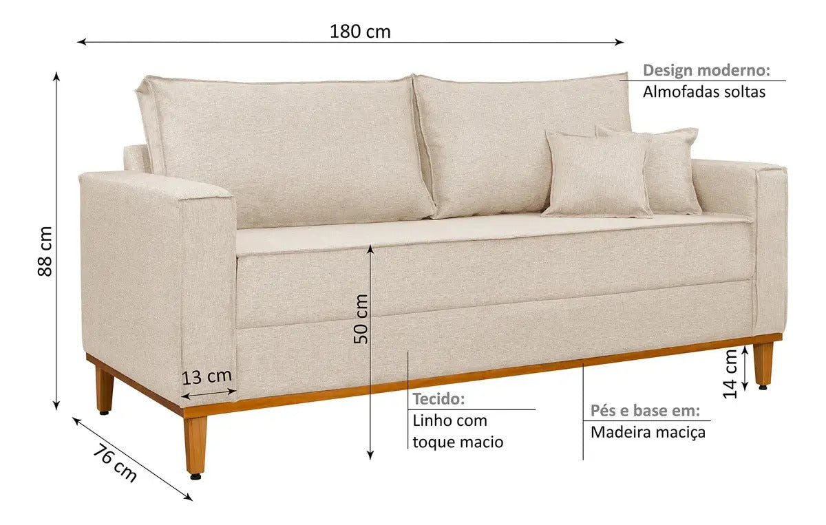 Sofá Beny 3 Lugares 1,80 Cru Moderno Confortável Design Clean Com