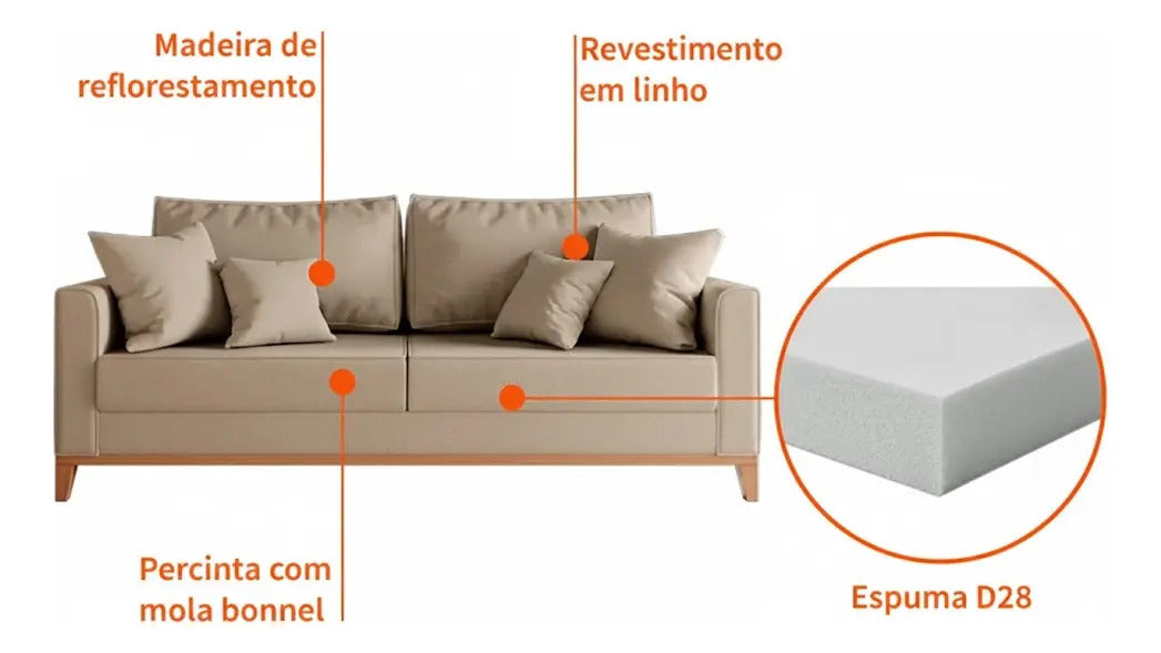 Sofá Beny de Linho Bege Com 3 Lugares, Moderno e Fixos Para Sala de Estar
