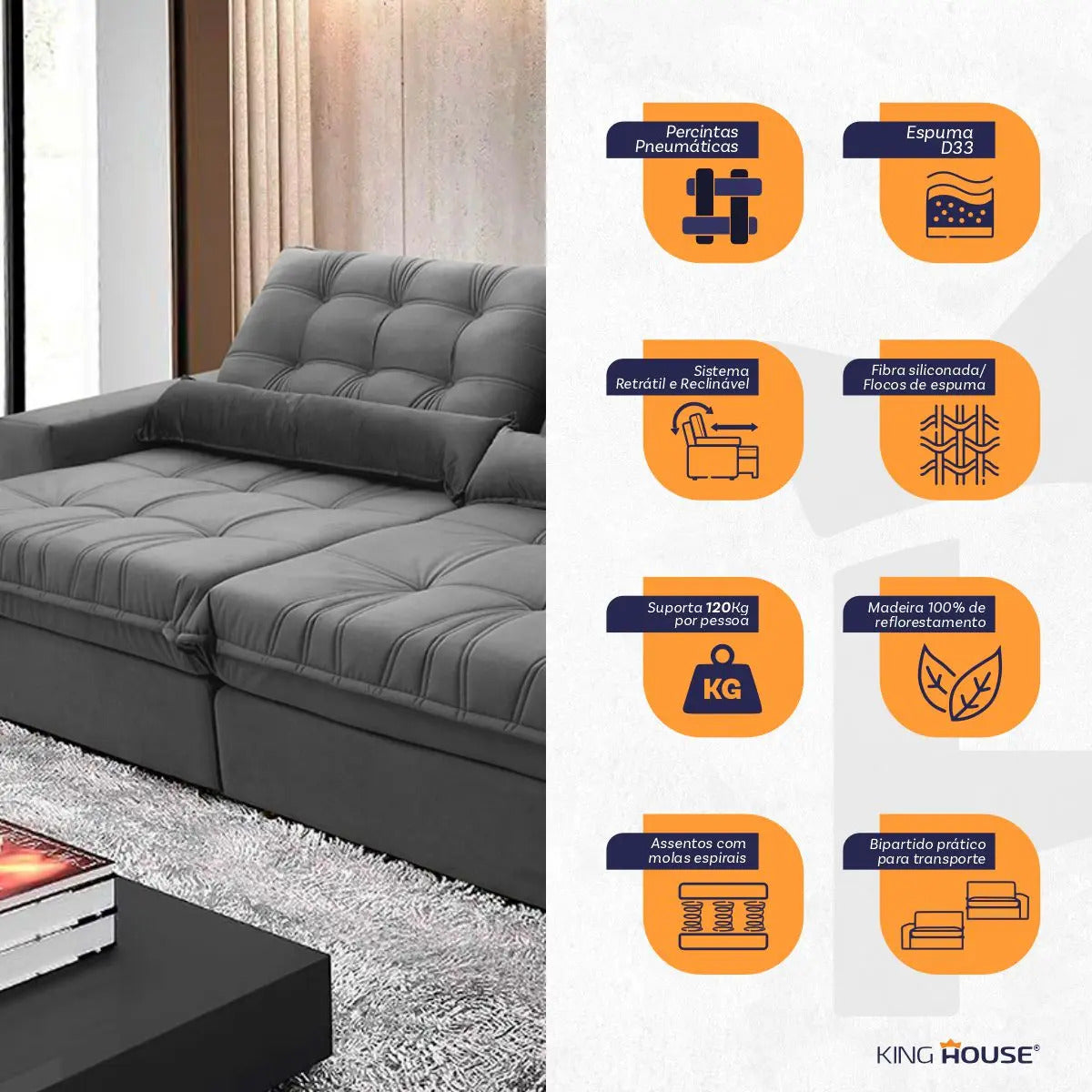 Sofá Retrátil Reclinável Zurique 2,50m Suede Velut Cinza Molas no Assento - King House