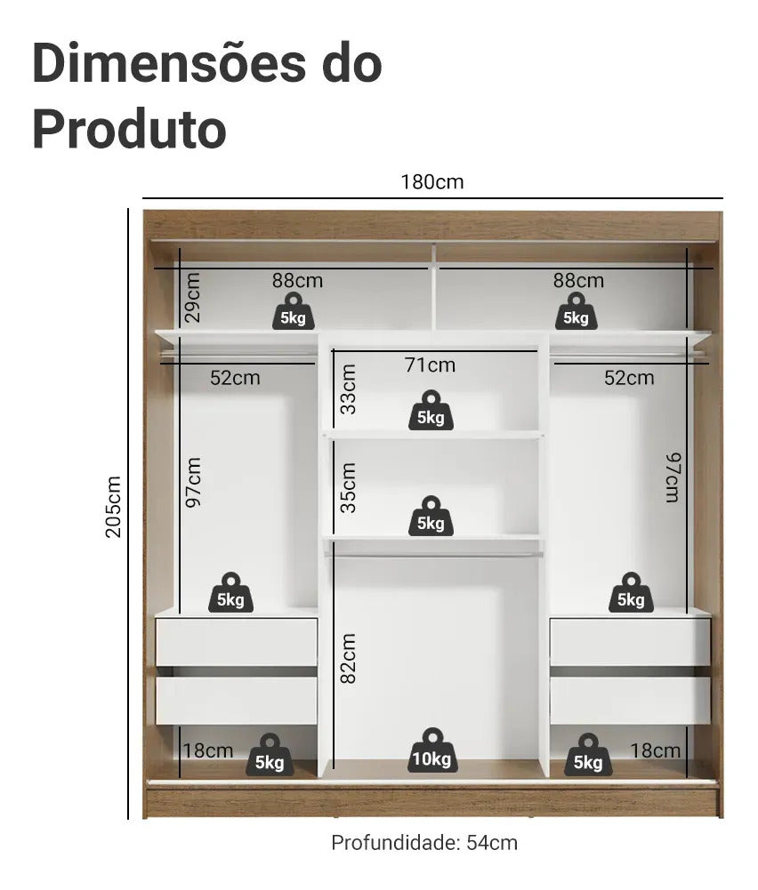 Guarda-roupa Casal Madesa Reno 3 Portas Correr Com Espelho Cor Rustic/Branco 10956E1E