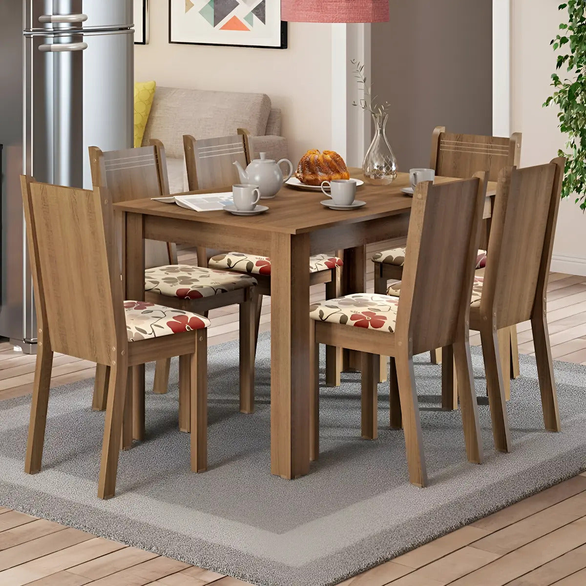 Sala De Jantar Madesa Maris Mesa Tampo De Madeira 6 Cadeiras Cor Rustic/Floral Hibiscos 044825ZXTFLH