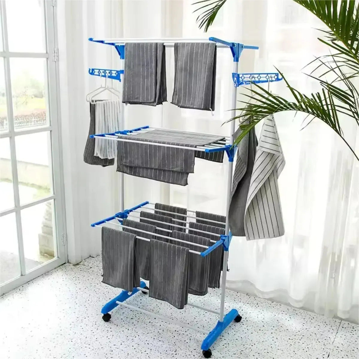 Varal De Chão Grande De Roupas 3 Andares Dobrável Cor Azul Kontuz 170 cm