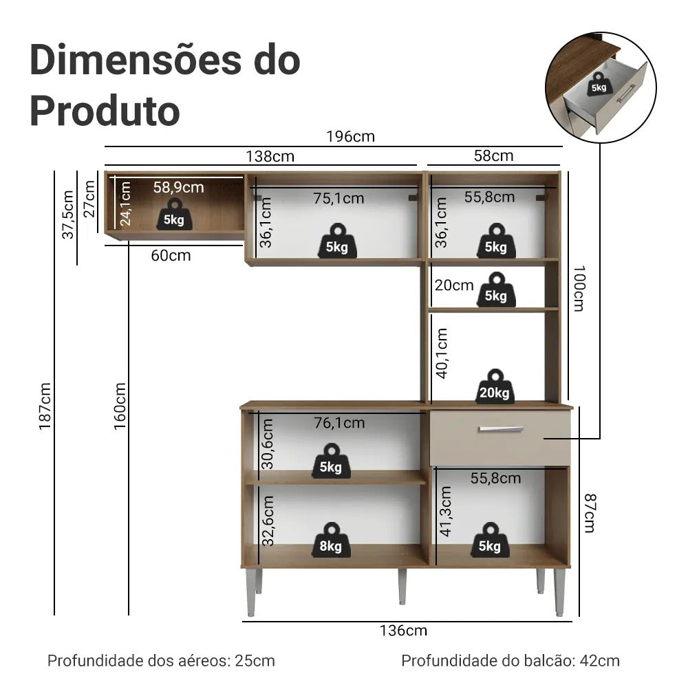 Armário De Cozinha Compacta 196cm Rustic/crema Aura Madesa