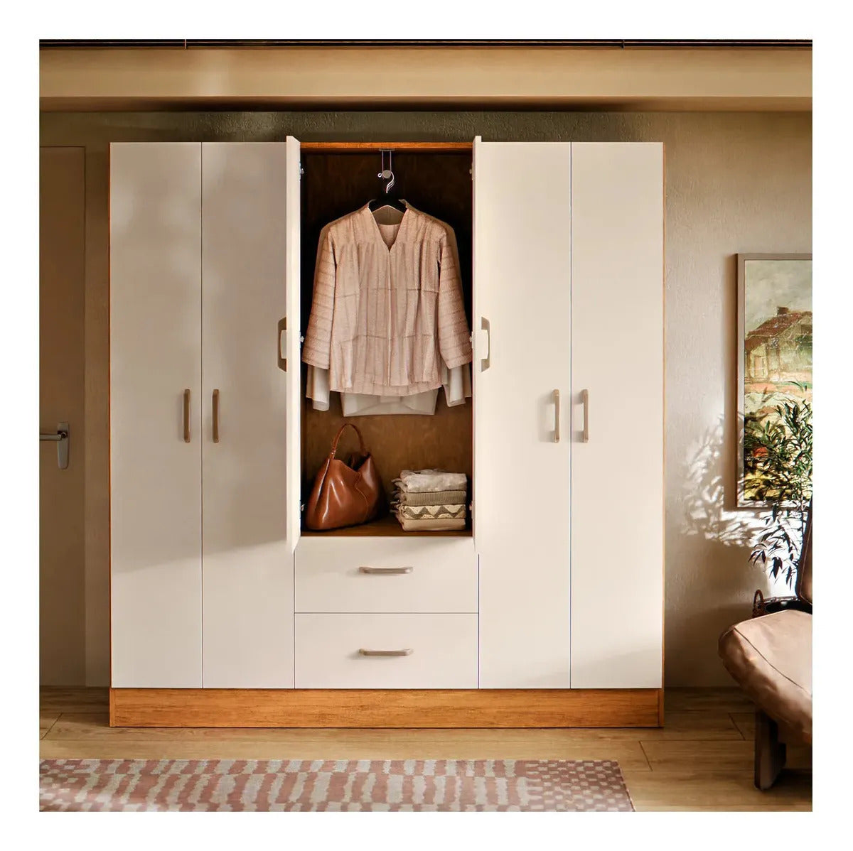 Cômoda Jamaica Para Quarto Grande Guarda Roupas Casal 6 Portas E 2 Gavetas Cor Cinamomo Off