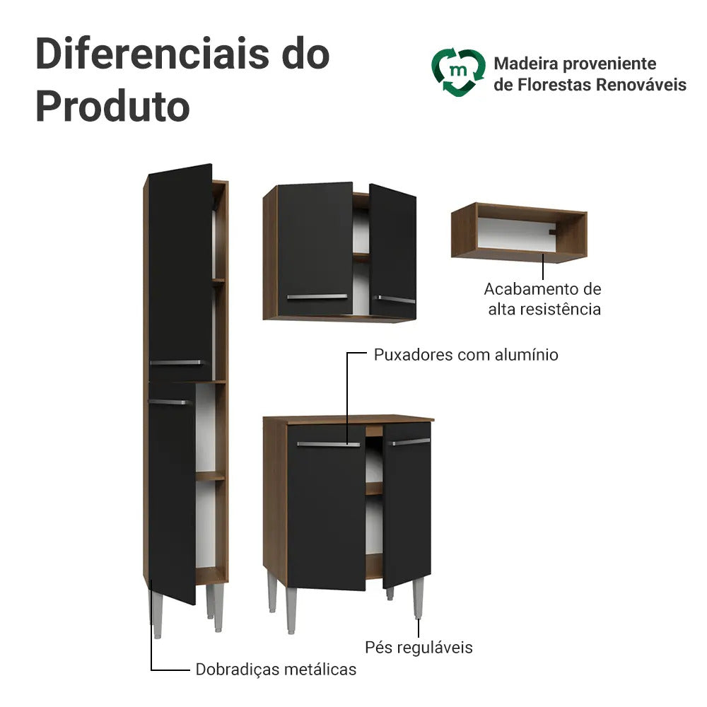 Armário De Cozinha Compacta 156 Cm Rustic/preto Emilly Madesa 03