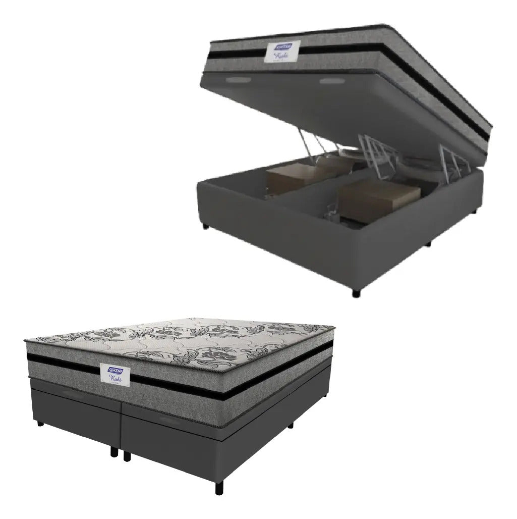 Cama Box Baú King Colchão Gazin com Molas Ensacadas Rubi Cinza/Preto