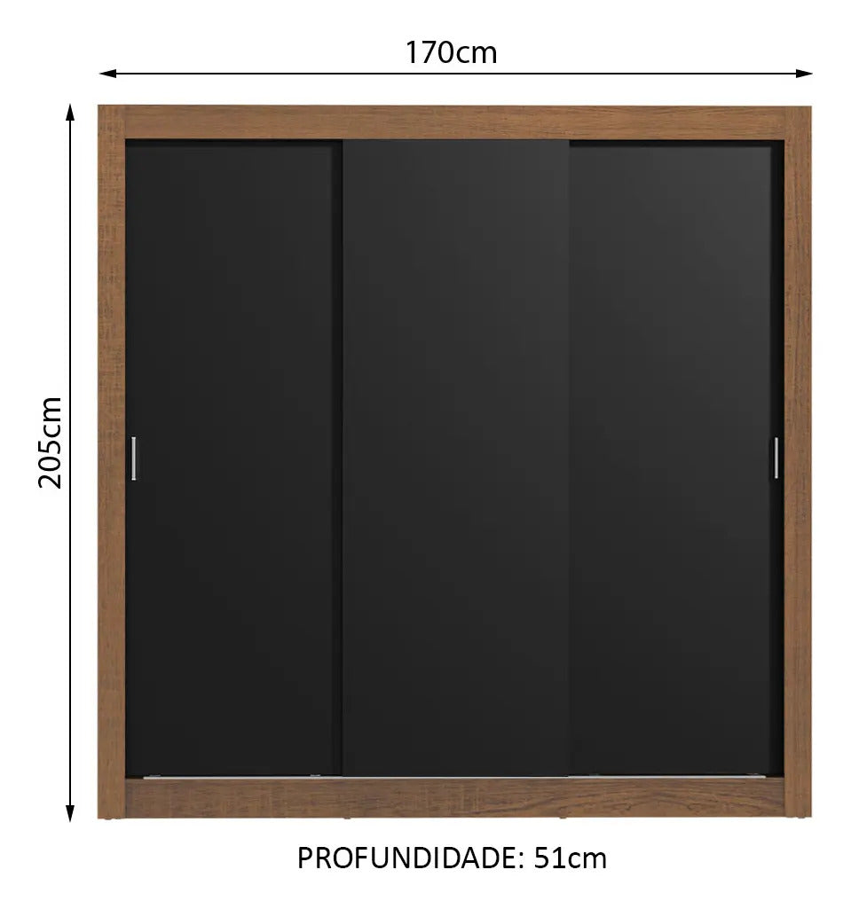 Guarda Roupa Casal Madesa Mônaco 3 Portas De Correr Cor Rustic/Preto 10937K