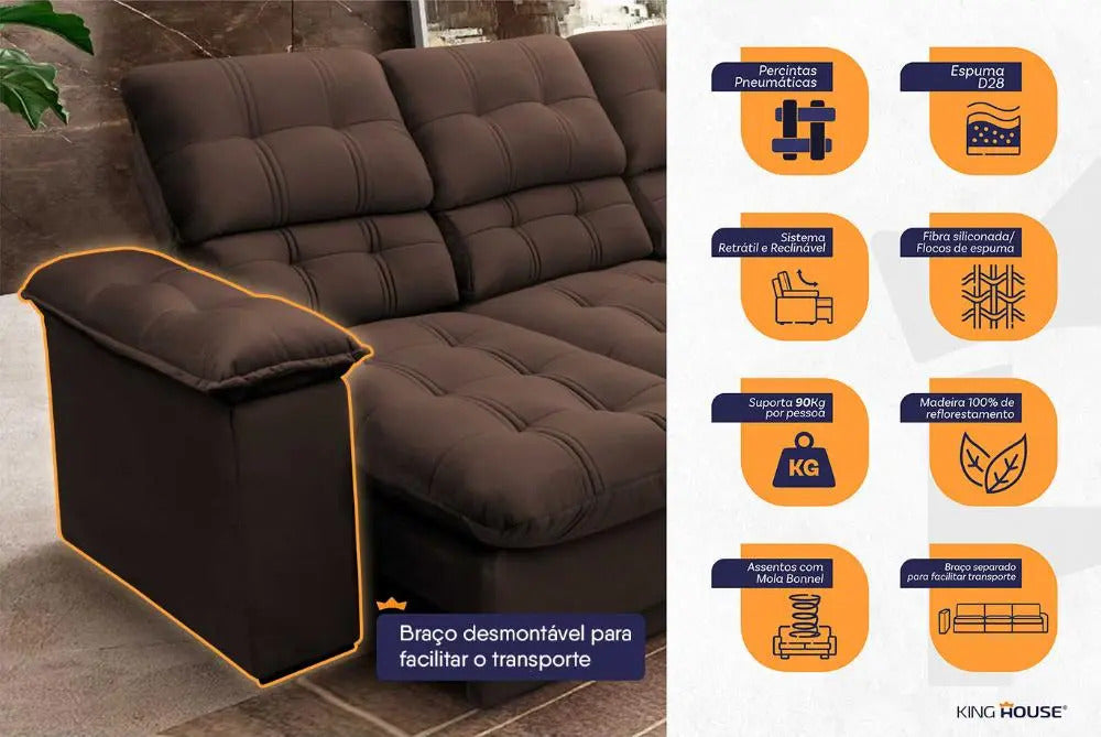 Sofá Retrátil Reclinável Atenas 2,30m Suede Velut Marrom