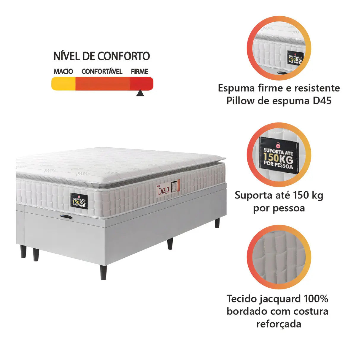 Cama Box Baú queen colchão espuma D45 Lazio pillow top 158x198x65cm cor branco Hellen