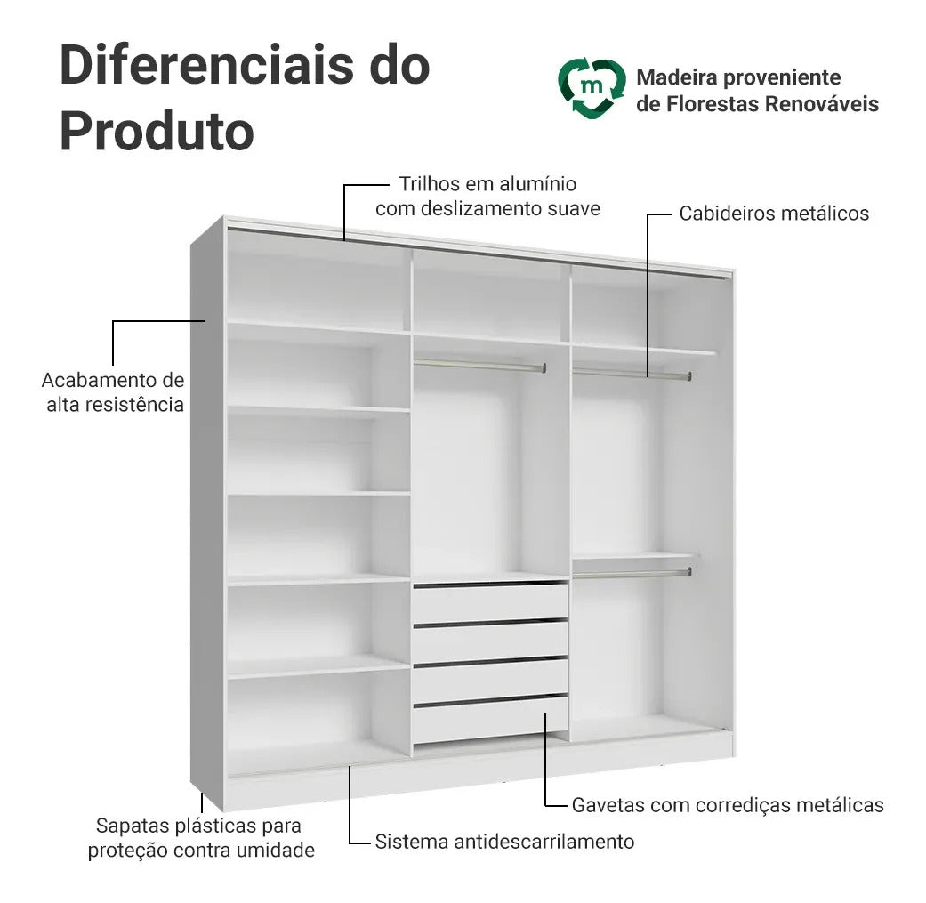 Guarda Roupa Casal Armário Quarto 100% Mdf C Espelho Madesa Royale 3 Portas Cor Branco 106209