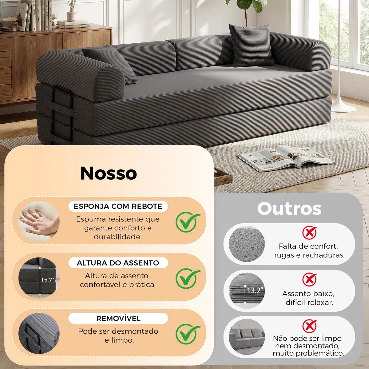 Sofá Cama Modular de Veludo Cotelê Cinza p/ 3 Pessoas, Com Espuma de Alta Densidade e Capa Removível