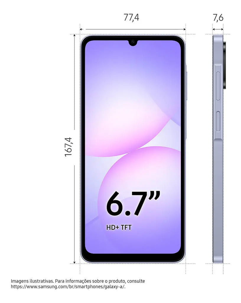 Celular Galaxy A07 256gb, 8gb, Câmera 50mp, Tela 6.7 , Proteção Ip54, Processador 6nm - Violeta
