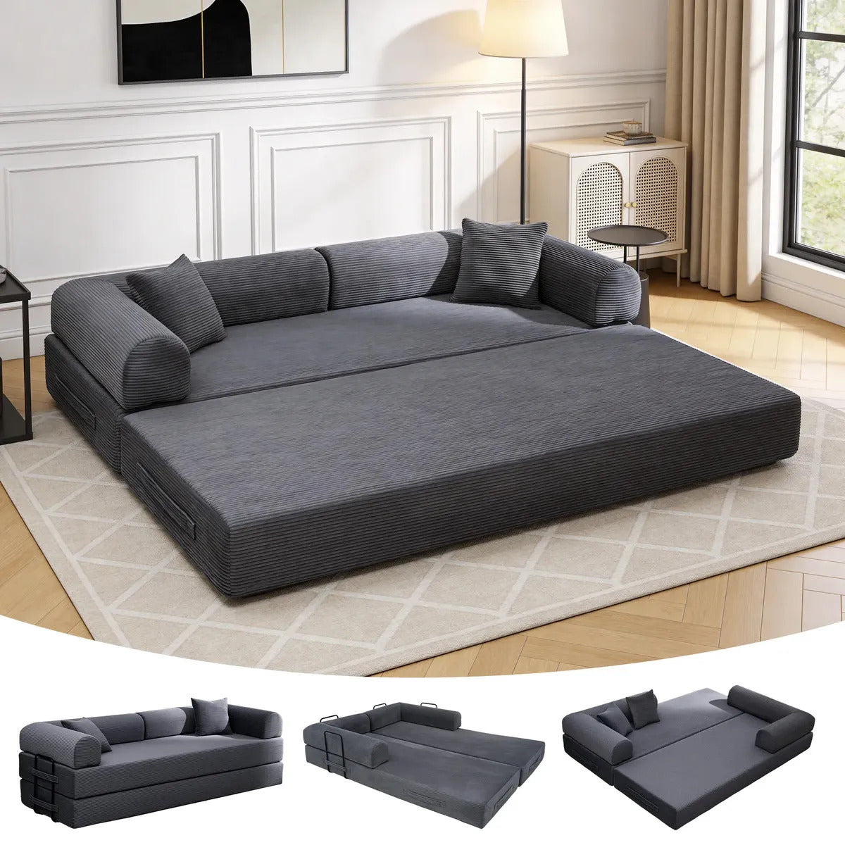 Sofá Cama Modular de Veludo Cotelê Cinza p/ 3 Pessoas, Com Espuma de Alta Densidade e Capa Removível
