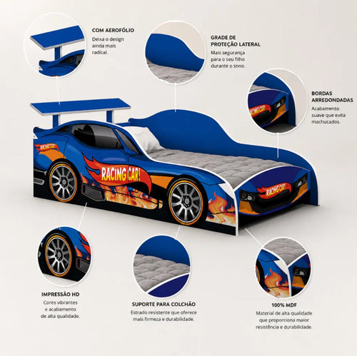 Cama Carro Racing Menino Azul Corrida 100% Mdf Com Colchão