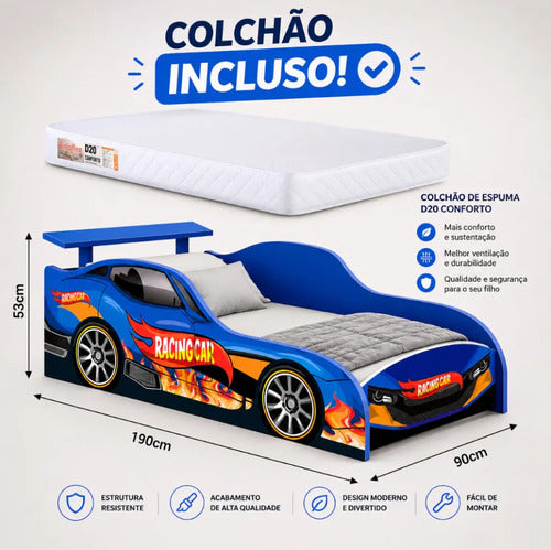 Cama Carro Racing Menino Azul Corrida 100% Mdf Com Colchão