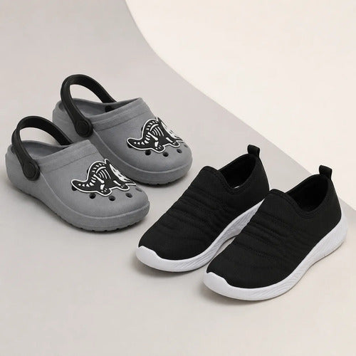 Kit Tênis Infantil Escolar Slip On Menino + Babuche Dino