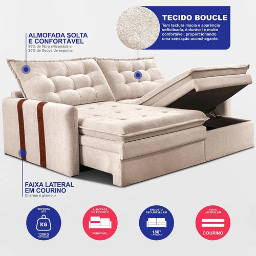 Sofá Sem Caixa Retrátil 1,80m Soft Petit Boucle Cama Inbox