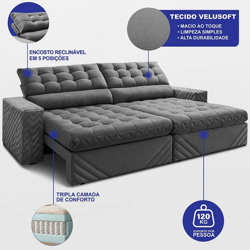 Sofá Retrátil 2,30m Molas Ensacadas Max Spring. Cama Inbox