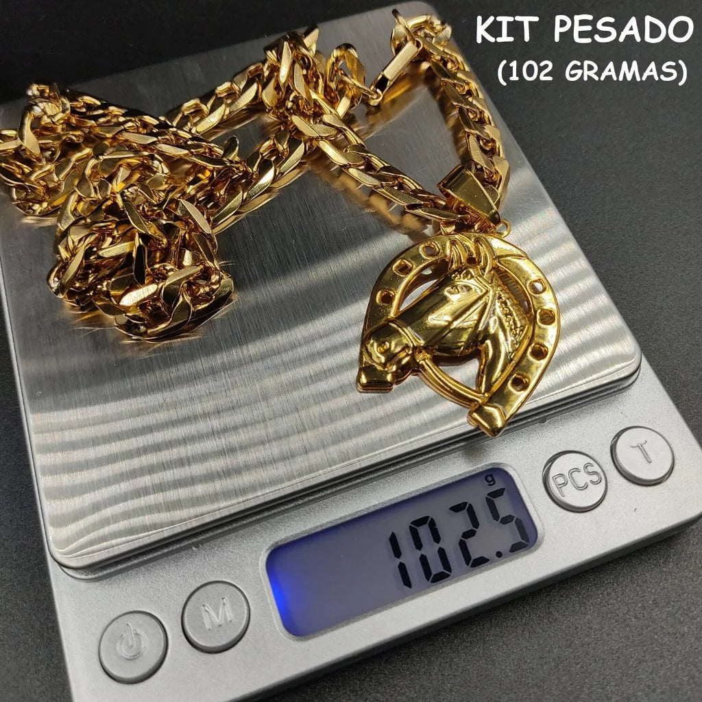 Corrente Cordão 10mm Moeda Antiga Legítima Não Perde Cor + Pingente Cavalo Ferradura Grande
