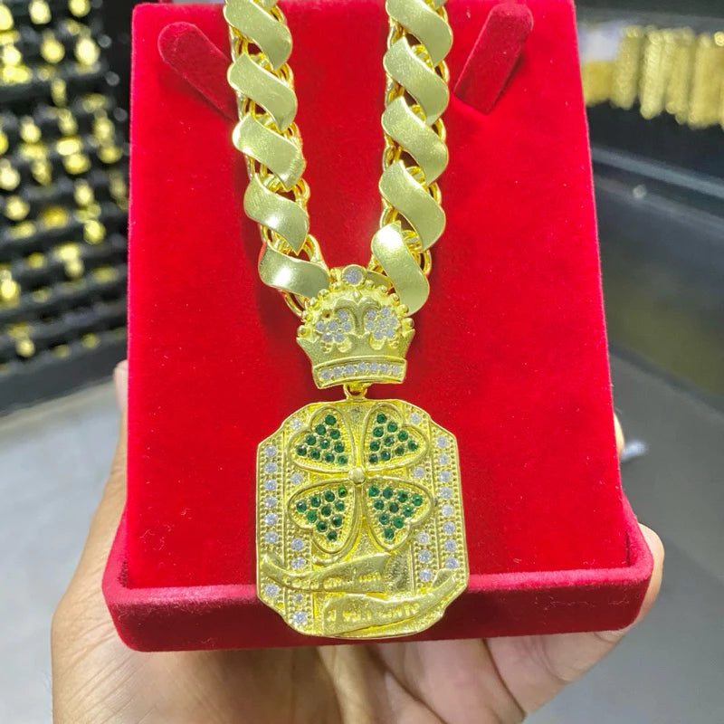 Corrente Cordão FRISOS S 12MM MAIS PINGENTES TREVO DA SORTE 100% em Moeda Antiga idêntico a ouro 18k