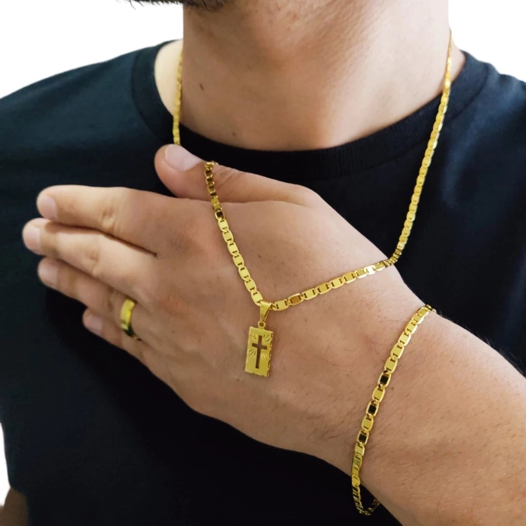Corrente Fininha Masculina E Pulseira Moeda Antiga Masculino Com Pingente Placa Cruz