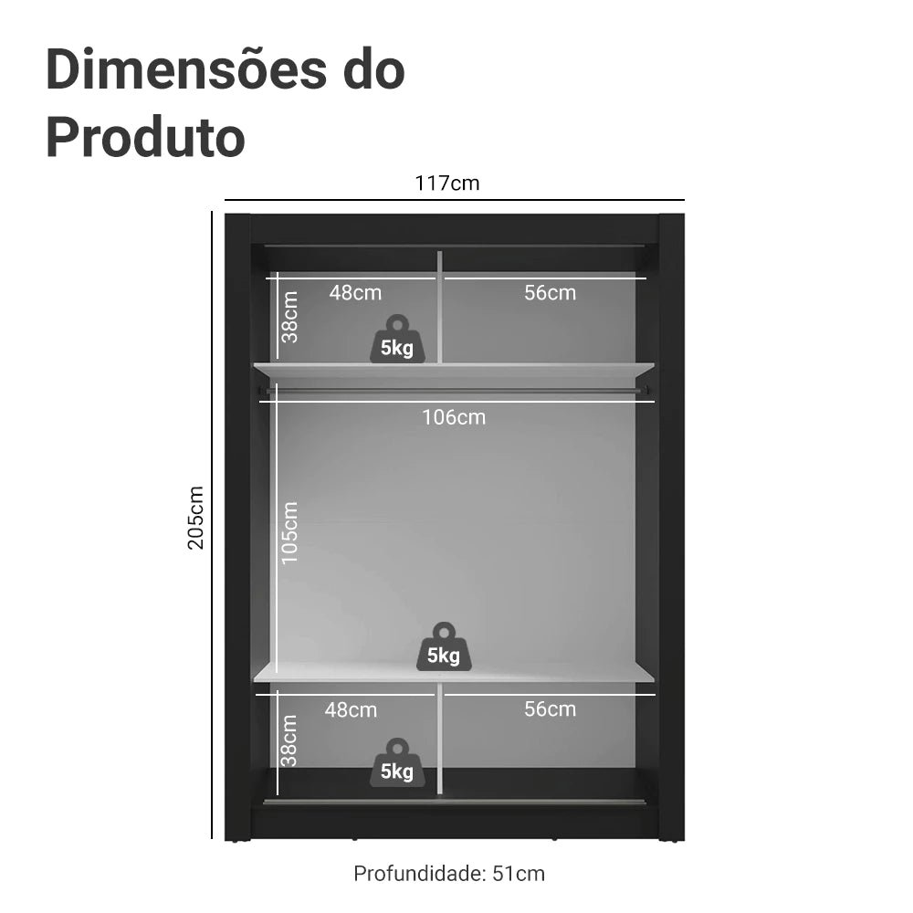 Guarda Roupa Solteiro 2 Portas de Correr com Espelho Preto Madesa Denver