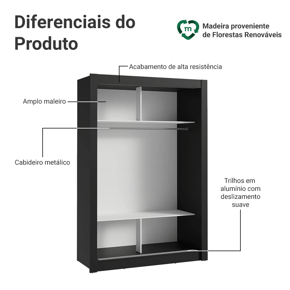 Guarda Roupa Solteiro 2 Portas de Correr com Espelho Preto Madesa Denver