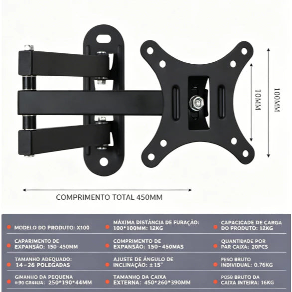 Suporte Tv Tri Articulado Lcd Led Plasma 10 A 26 e 32 A 55 Pol Para Parede VESA 75x75mm/100x100mm