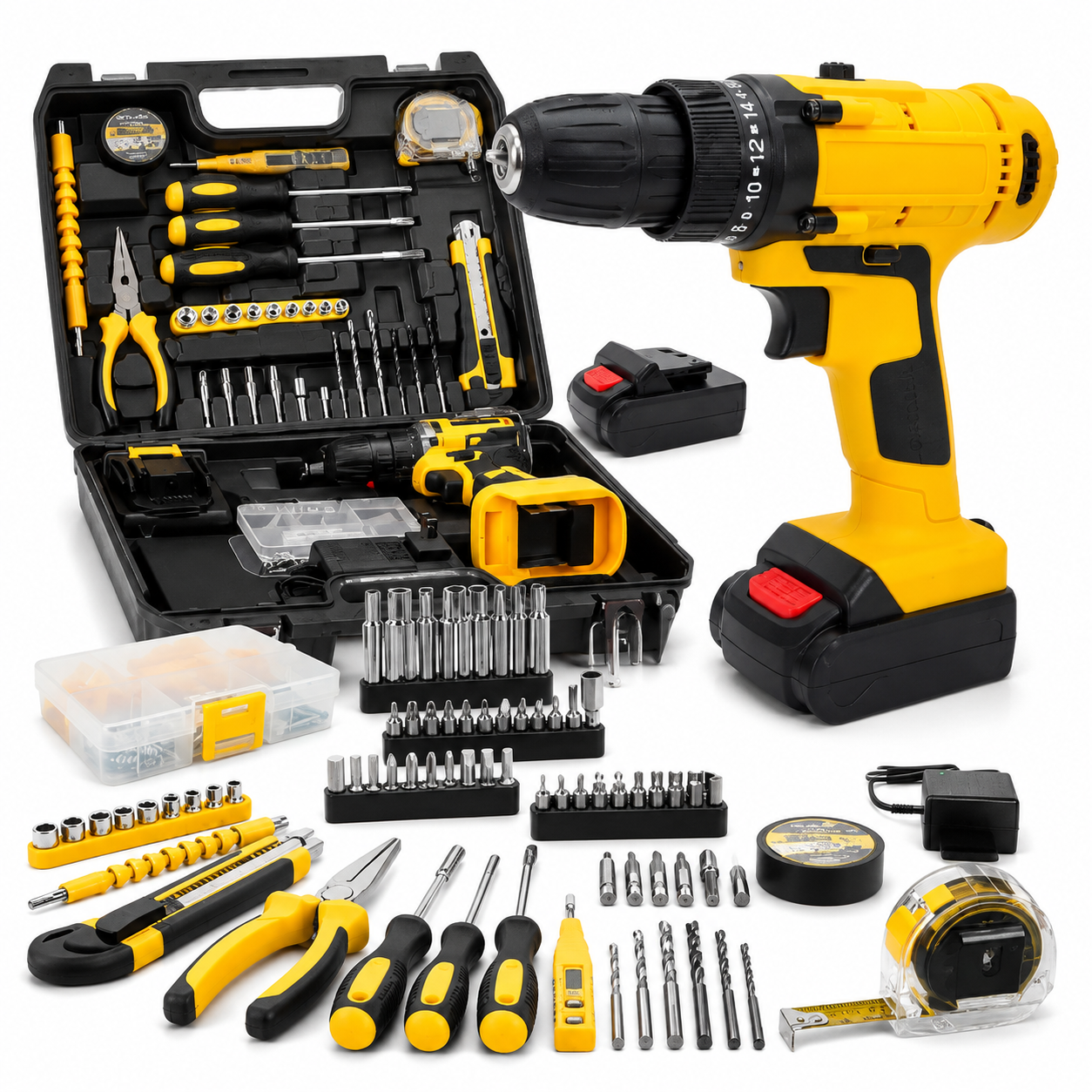 Parafusadeira Furadeira Bateria 12V com Maleta e Kit 136 Peças Bivolt EVALD