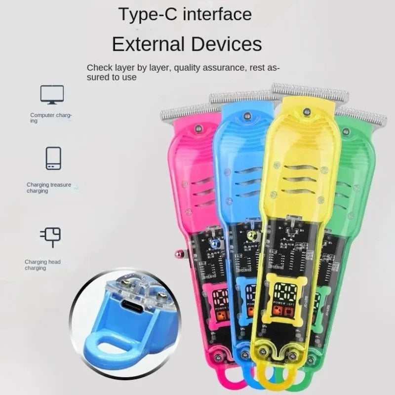 Cortador de Cabelo Profissional Sem Fio com Display LCD Inteligente e Barbeador Transparente para Homens