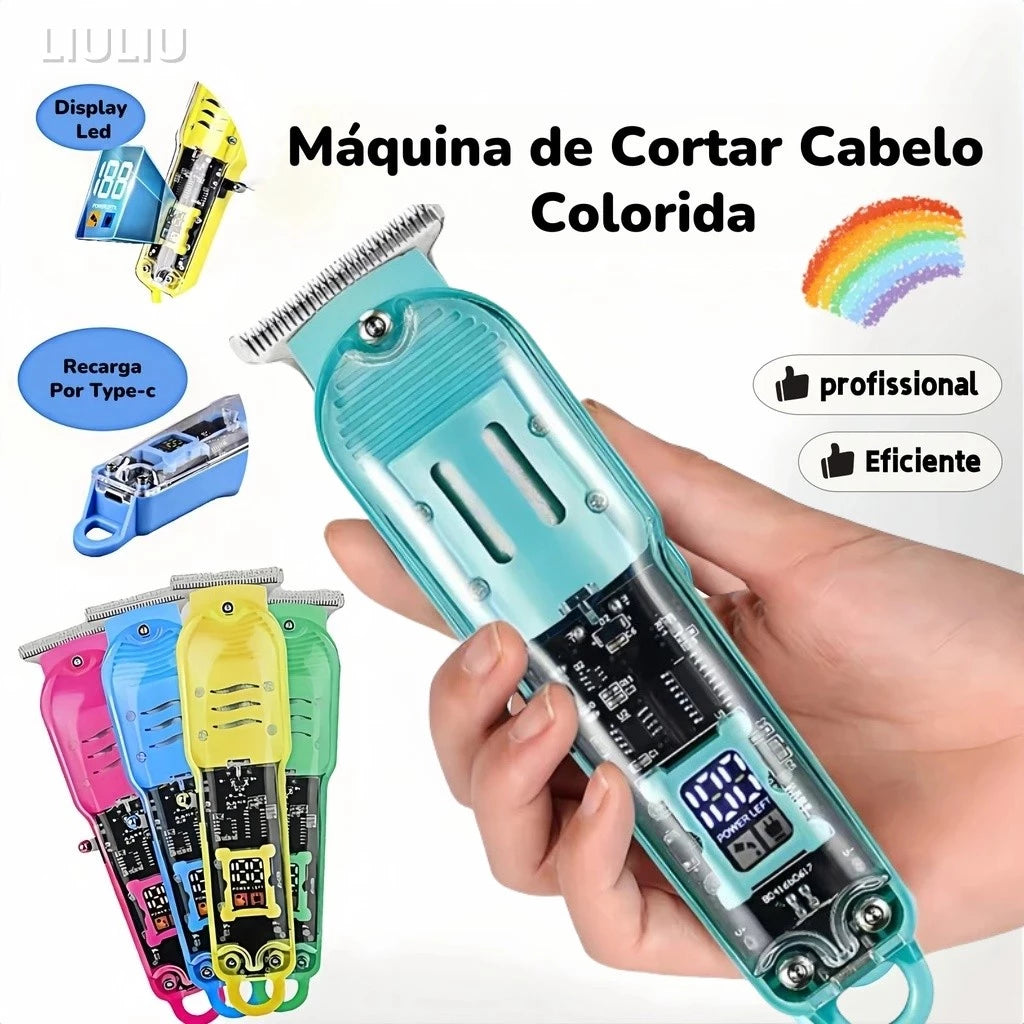 Cortador de Cabelo Profissional Sem Fio com Display LCD Inteligente e Barbeador Transparente para Homens