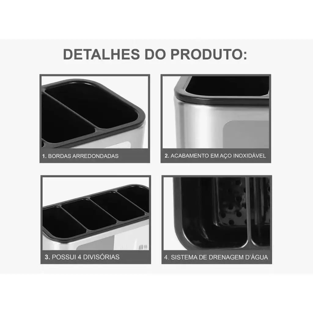 Porta Talheres Inox Escorredor 4 Divisórias Drenagem De Água