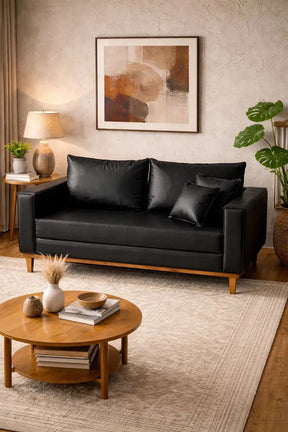 Sofá 3 Lugares 180cm Corino Preto Premium Base Madeira Estofado Moderno Conforto Sala Casa Megalarstore
