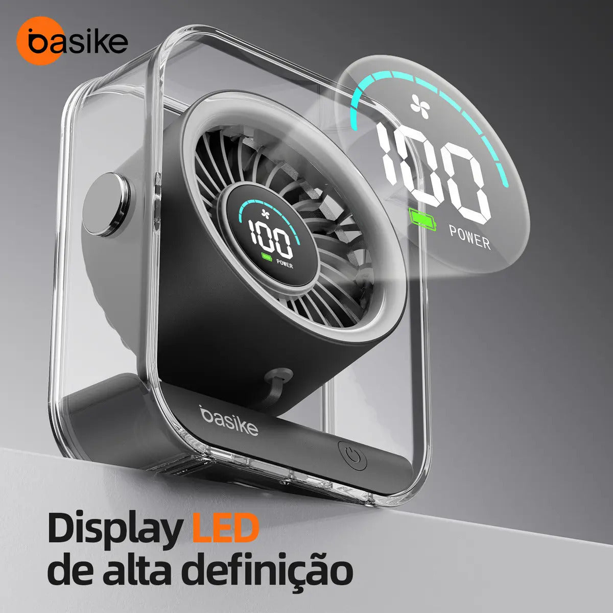 Mini Ventilador Portátil Basike de Mesa Recarregável Com Base e LED, Preto