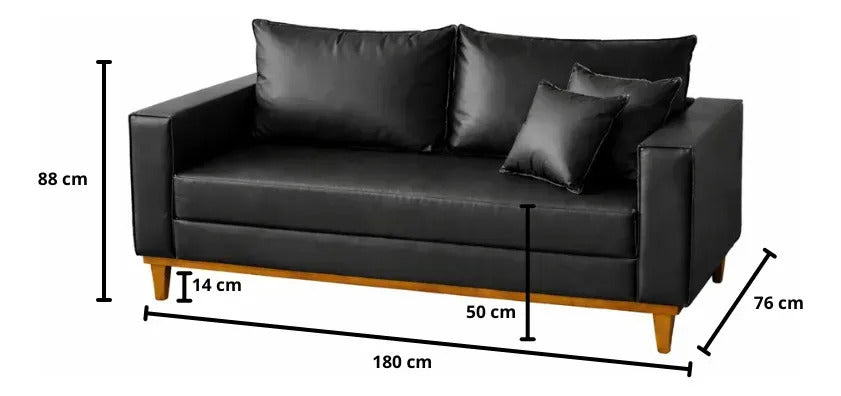 Sofá 3 Lugares 180cm Corino Preto Premium Base Madeira Estofado Moderno Conforto Sala Casa Megalarstore