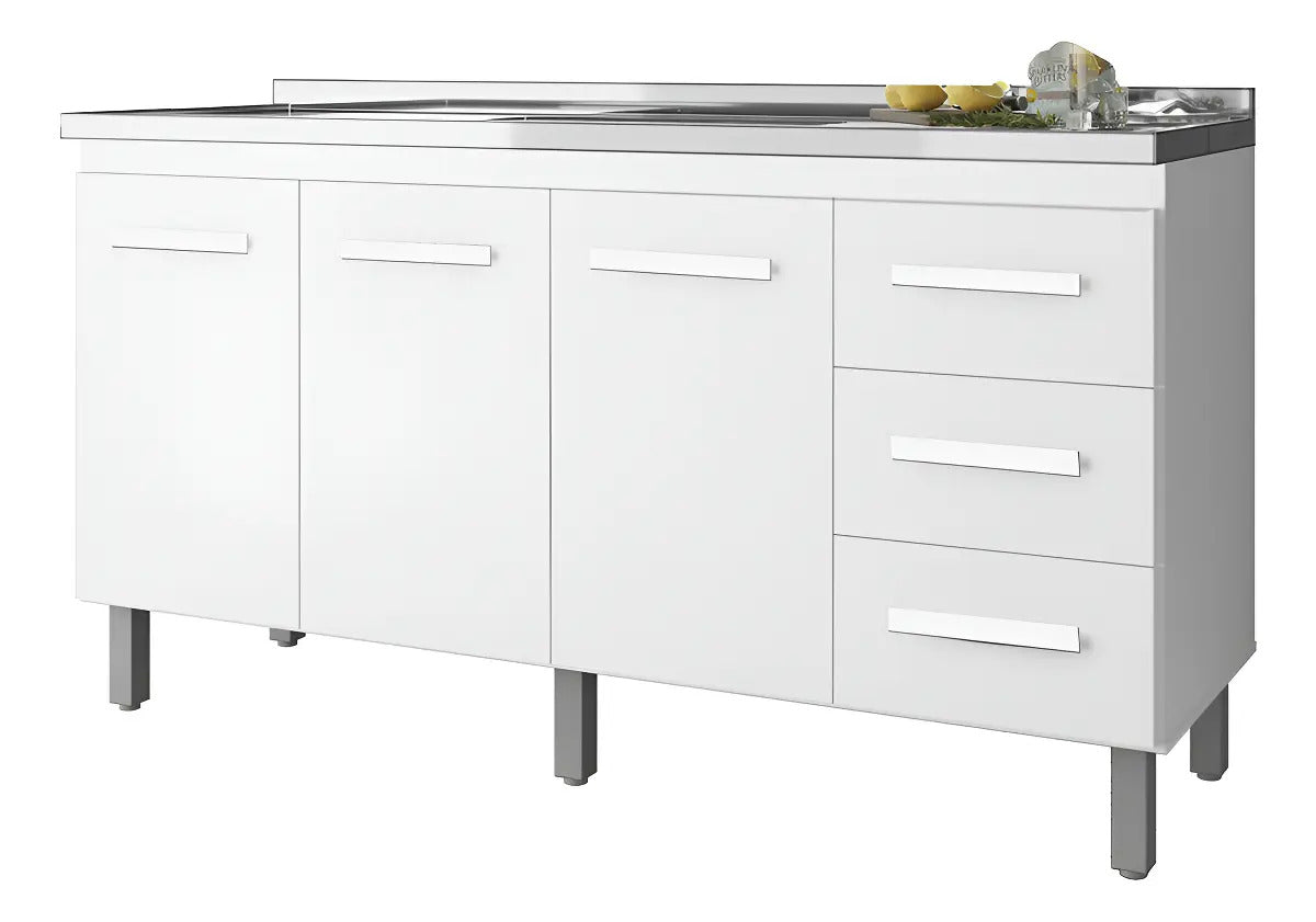 Balcão Cozinha Branco Sem Tampo 150 3 Portas 3 Gavetas