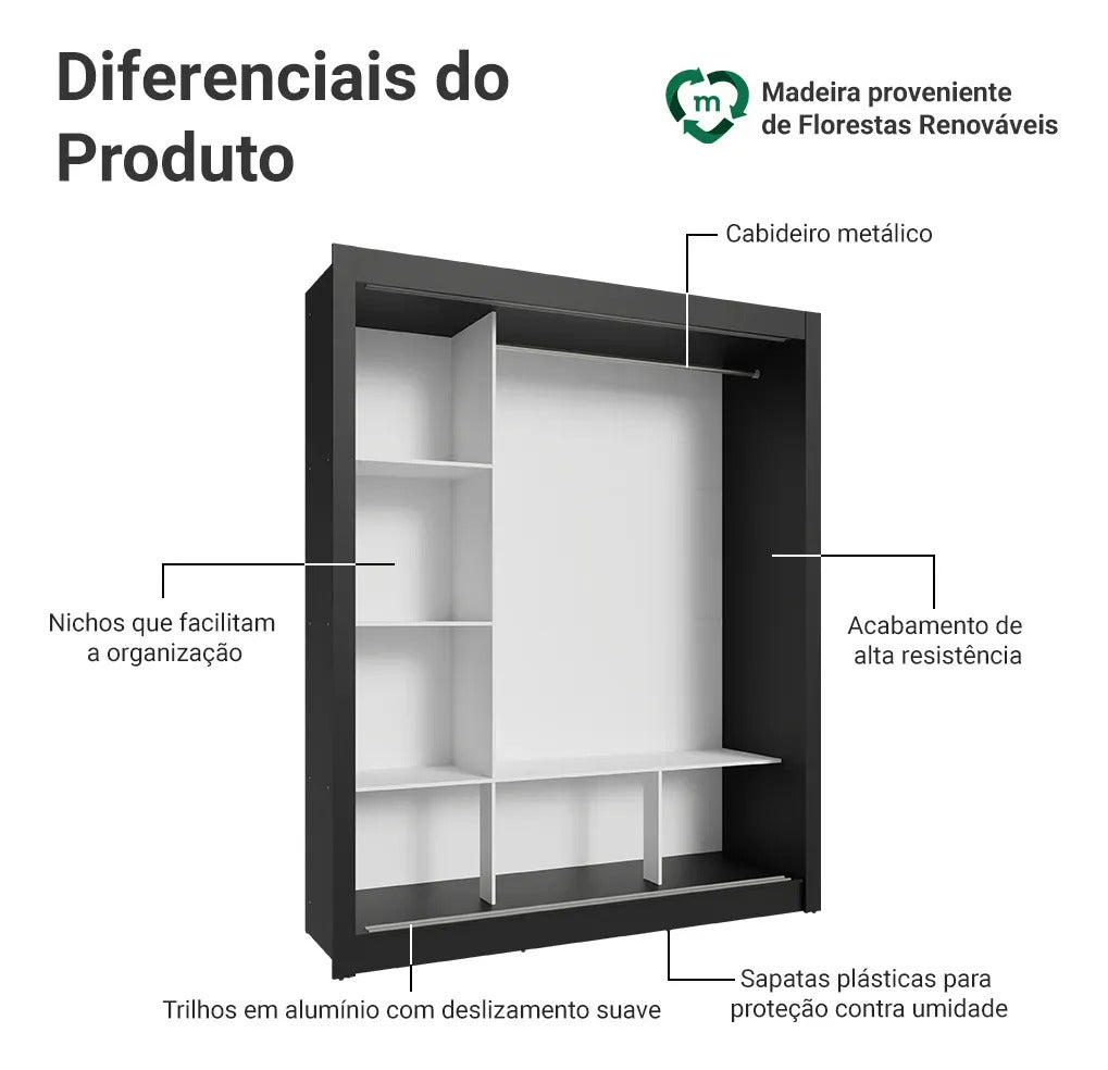 Guarda Roupa Casal Mônaco Madesa 3 Portas Correr Espelho Pr Cor Preto/Rustic 1093D81E